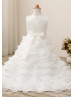 Beaded Ivory Lace Organza Tiered Flower Girl Dress